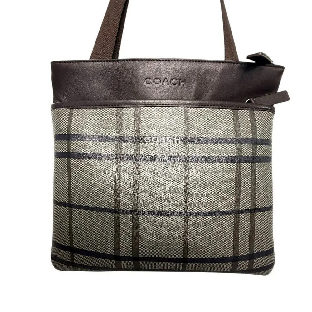 Coach Plaid Trans Atlantic Leather Messenger Bag F70751 Leather Trim, Crossbody,